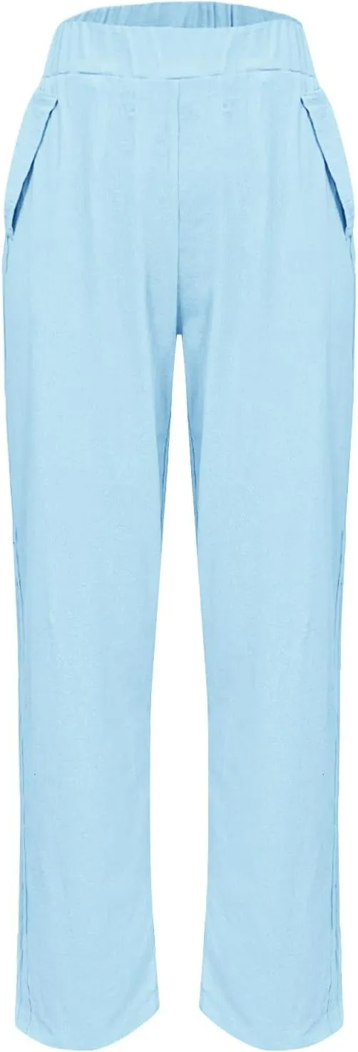 Womens Cotton Linen Pants Casual Elastic High Waist Straight Leg Pants Summer Loose Fit Trouser with Pockets