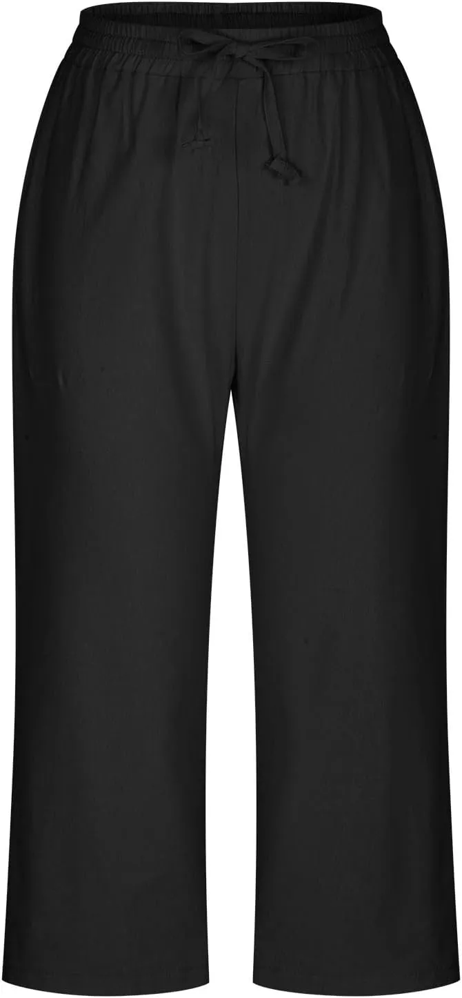 Women's Cotton Linen Pants Chic Drawstring Waist Cropped Harem Pant with Side Pockets Casual Summer Outfits Trousers