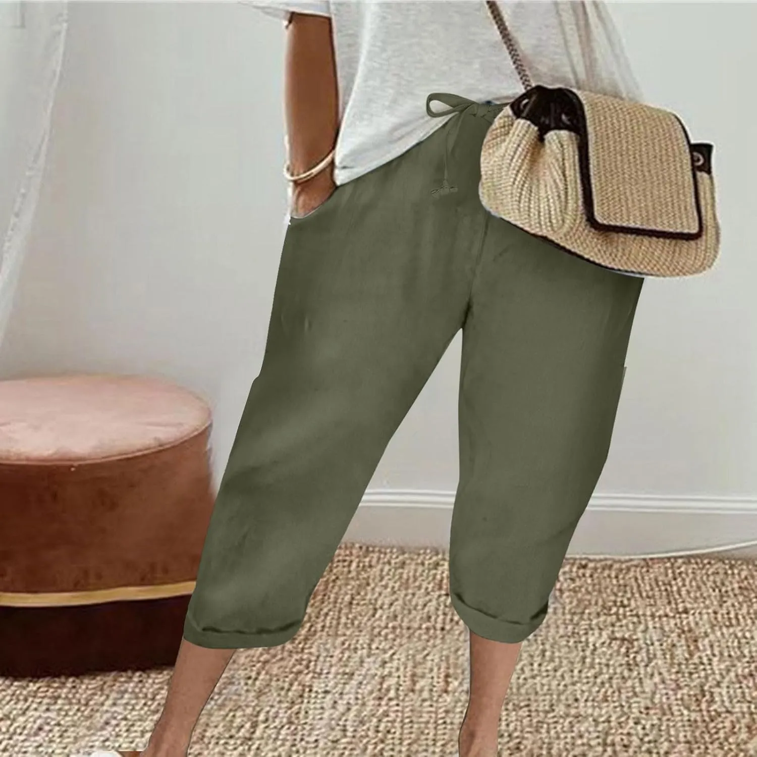 Women's Cotton Linen Pants Chic Drawstring Waist Cropped Harem Pant with Side Pockets Casual Summer Outfits Trousers