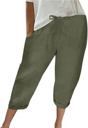 Women's Cotton Linen Pants Chic Drawstring Waist Cropped Harem Pant with Side Pockets Casual Summer Outfits Trousers
