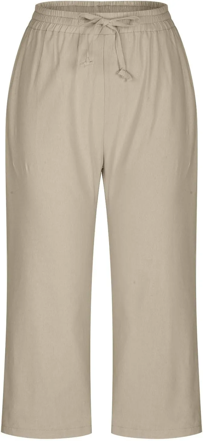 Women's Cotton Linen Pants Chic Drawstring Waist Cropped Harem Pant with Side Pockets Casual Summer Outfits Trousers