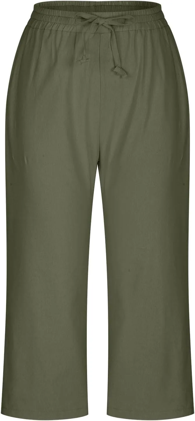 Women's Cotton Linen Pants Chic Drawstring Waist Cropped Harem Pant with Side Pockets Casual Summer Outfits Trousers