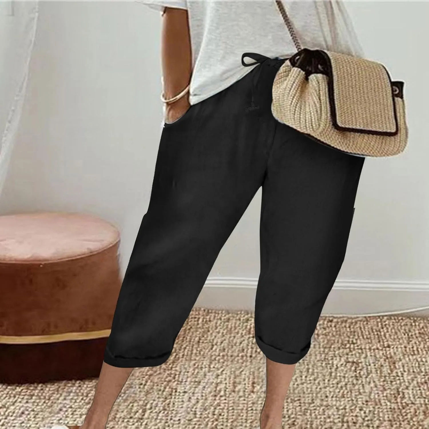Women's Cotton Linen Pants Chic Drawstring Waist Cropped Harem Pant with Side Pockets Casual Summer Outfits Trousers