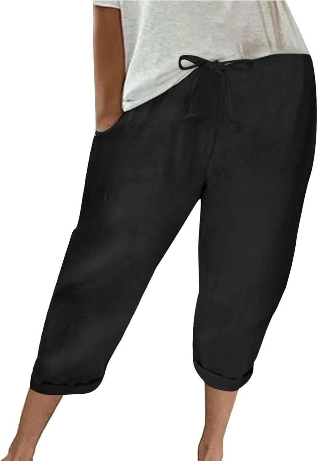 Women's Cotton Linen Pants Chic Drawstring Waist Cropped Harem Pant with Side Pockets Casual Summer Outfits Trousers