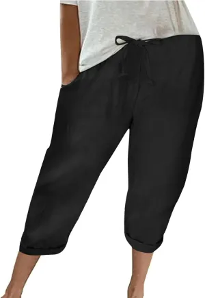 Women's Cotton Linen Pants Chic Drawstring Waist Cropped Harem Pant with Side Pockets Casual Summer Outfits Trousers