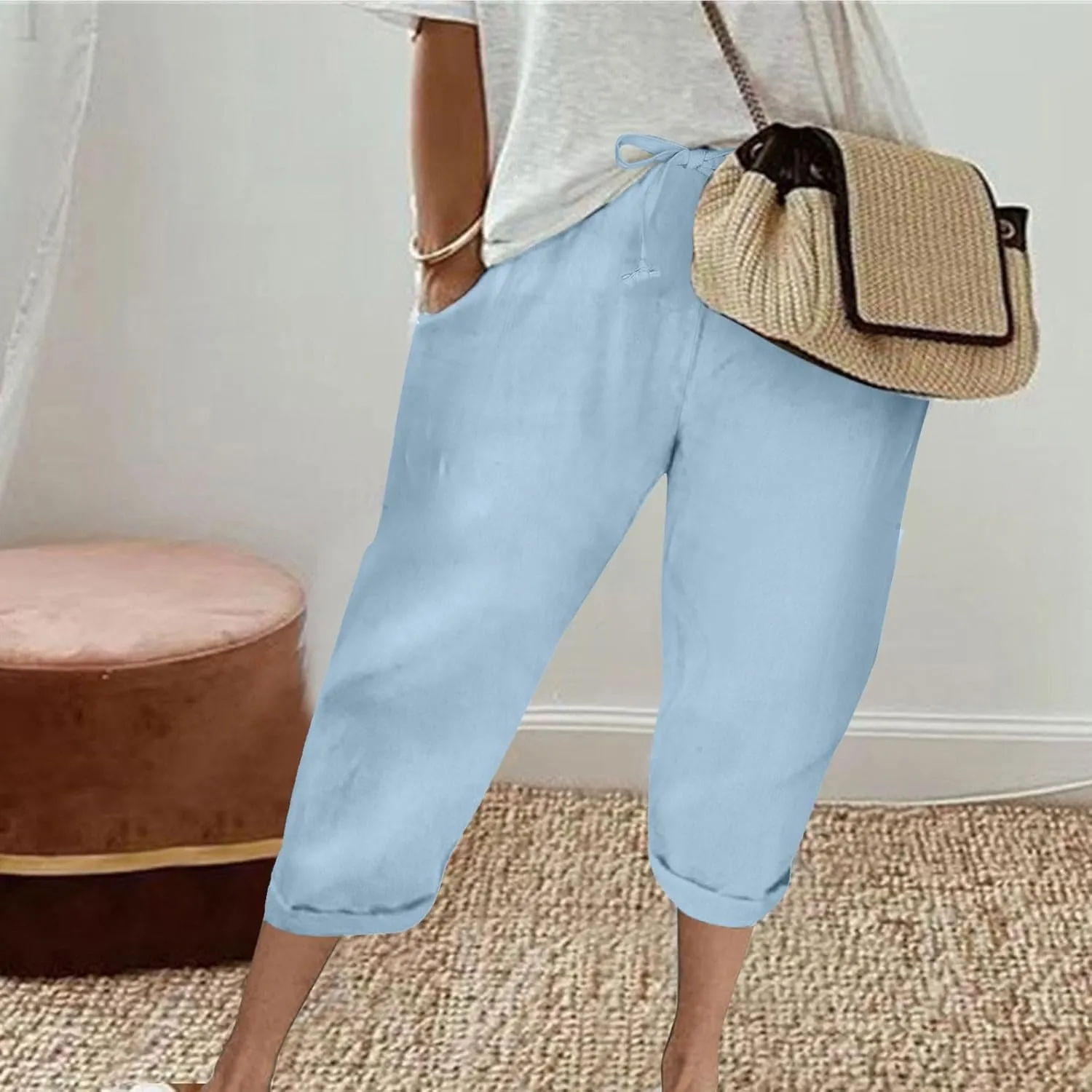 Women's Cotton Linen Pants Chic Drawstring Waist Cropped Harem Pant with Side Pockets Casual Summer Outfits Trousers