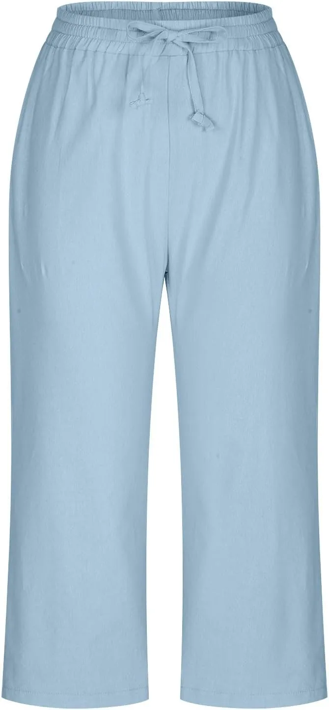 Women's Cotton Linen Pants Chic Drawstring Waist Cropped Harem Pant with Side Pockets Casual Summer Outfits Trousers
