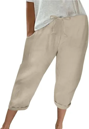 Women's Cotton Linen Pants Chic Drawstring Waist Cropped Harem Pant with Side Pockets Casual Summer Outfits Trousers