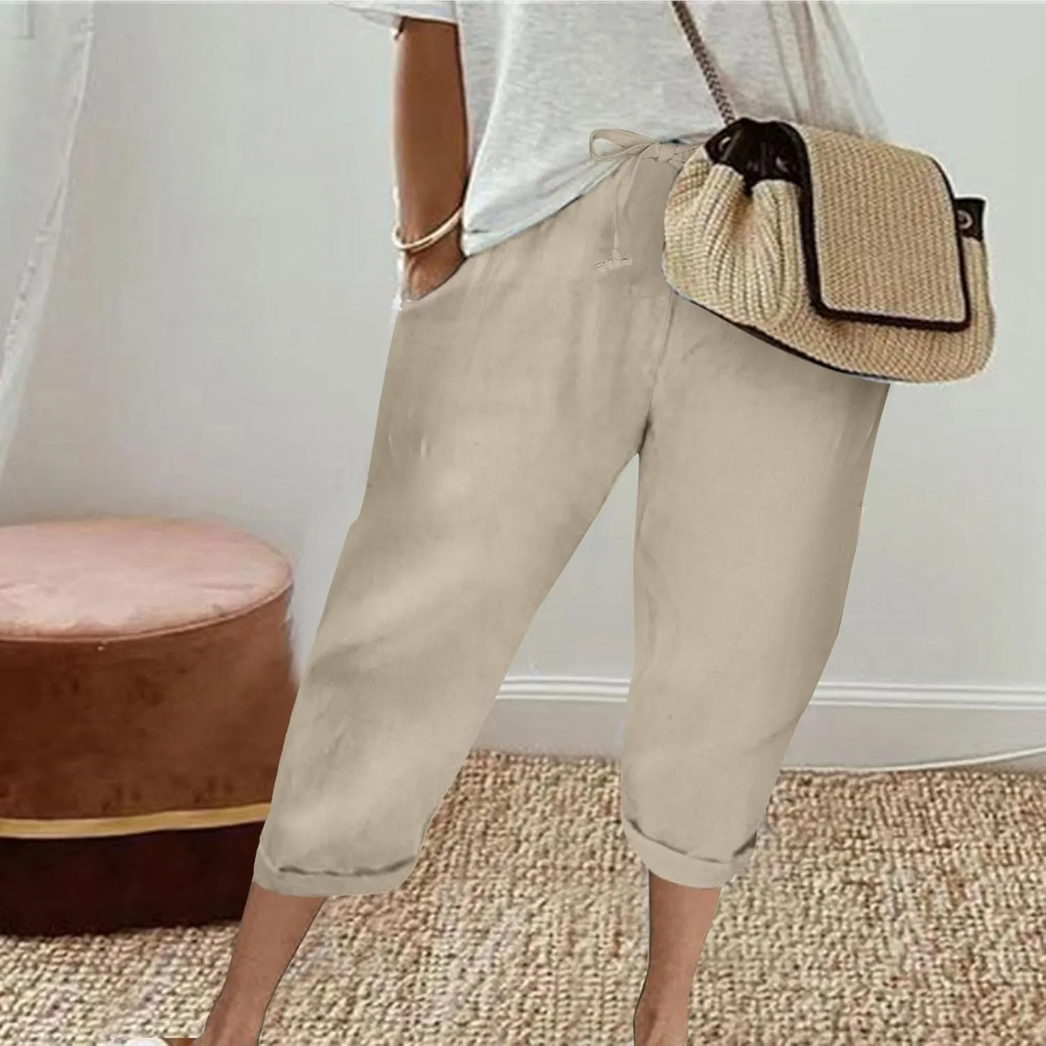 Women's Cotton Linen Pants Chic Drawstring Waist Cropped Harem Pant with Side Pockets Casual Summer Outfits Trousers