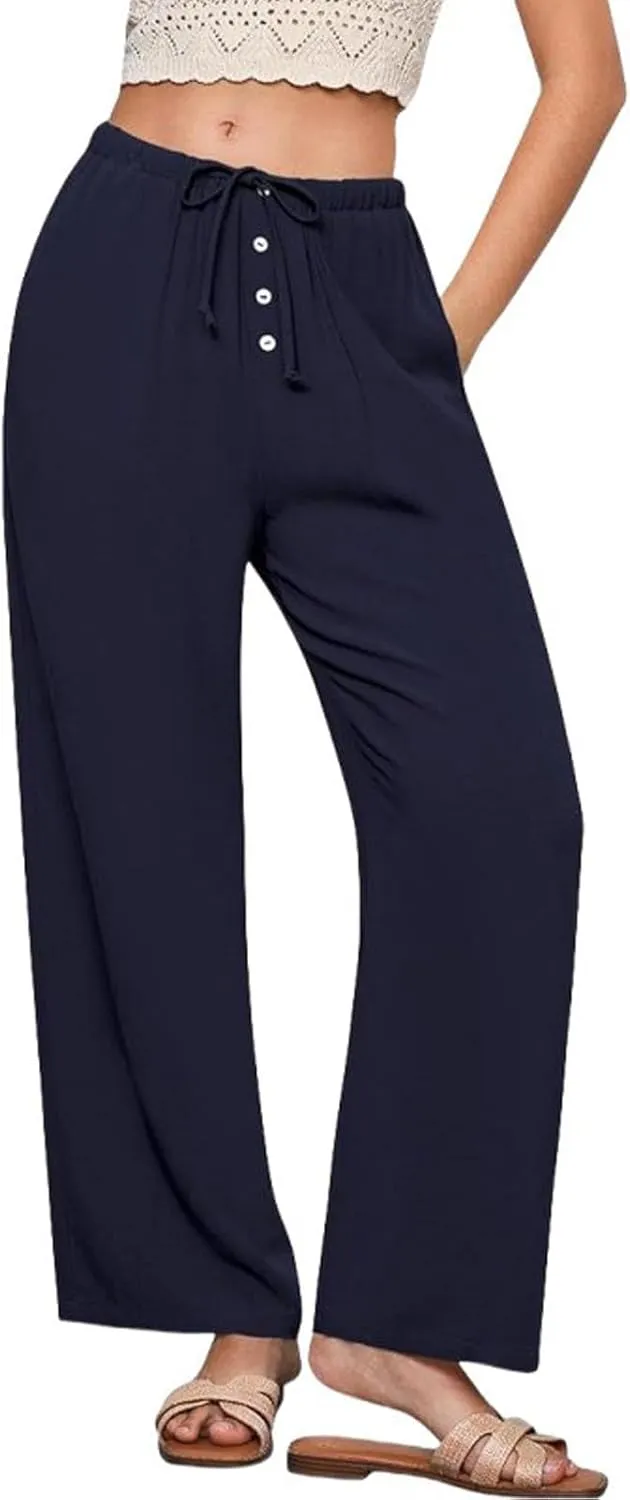 Women's Cotton Linen Pants, Wide Leg Cropped Lounge Trousers with Drawstring Elastic Waist, Summer Beach Casual Pants