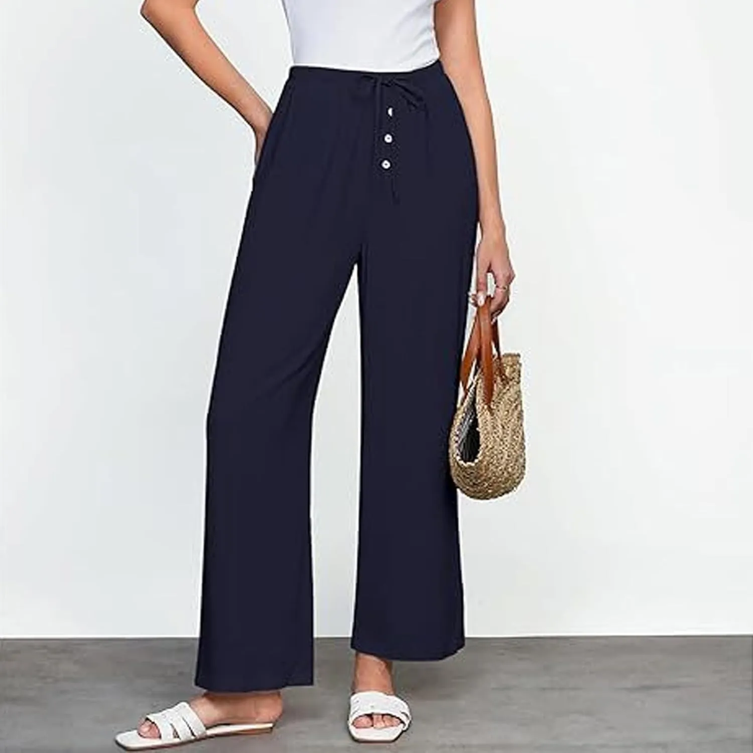 Women's Cotton Linen Pants, Wide Leg Cropped Lounge Trousers with Drawstring Elastic Waist, Summer Beach Casual Pants