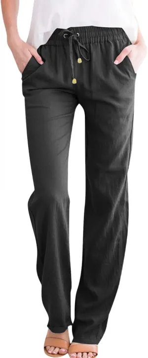 Women's Cotton Linen Pants,Spring Summer Casual Loose Lightweight Flowy Beach Pants with Pockets