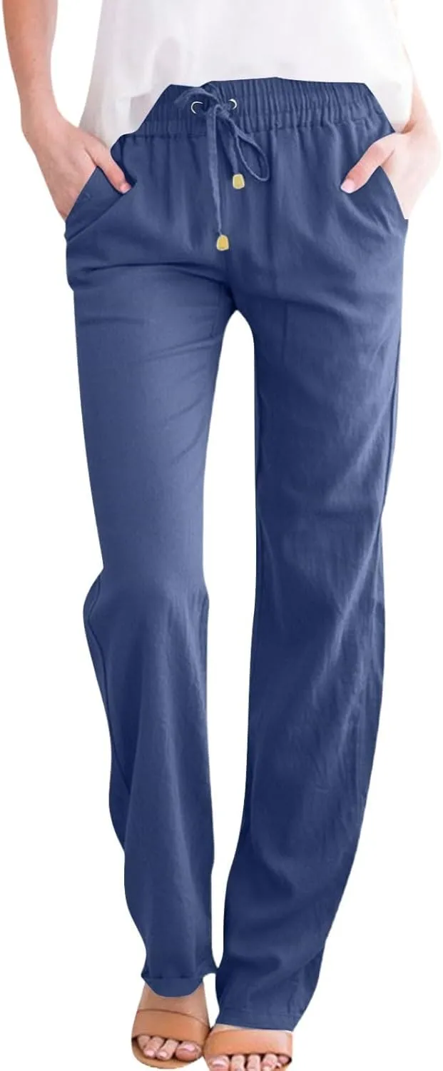 Women's Cotton Linen Pants,Spring Summer Casual Loose Lightweight Flowy Beach Pants with Pockets