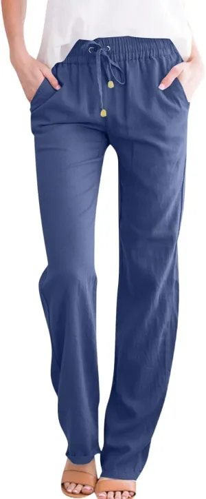 Women's Cotton Linen Pants,Spring Summer Casual Loose Lightweight Flowy Beach Pants with Pockets