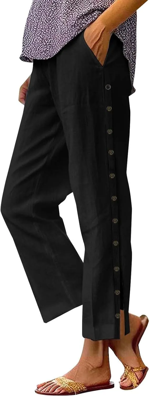 Womens Cotton Linen Straight Trousers High-Waist Summer Split Leg Pants Loose Comfy Pant for Vacation
