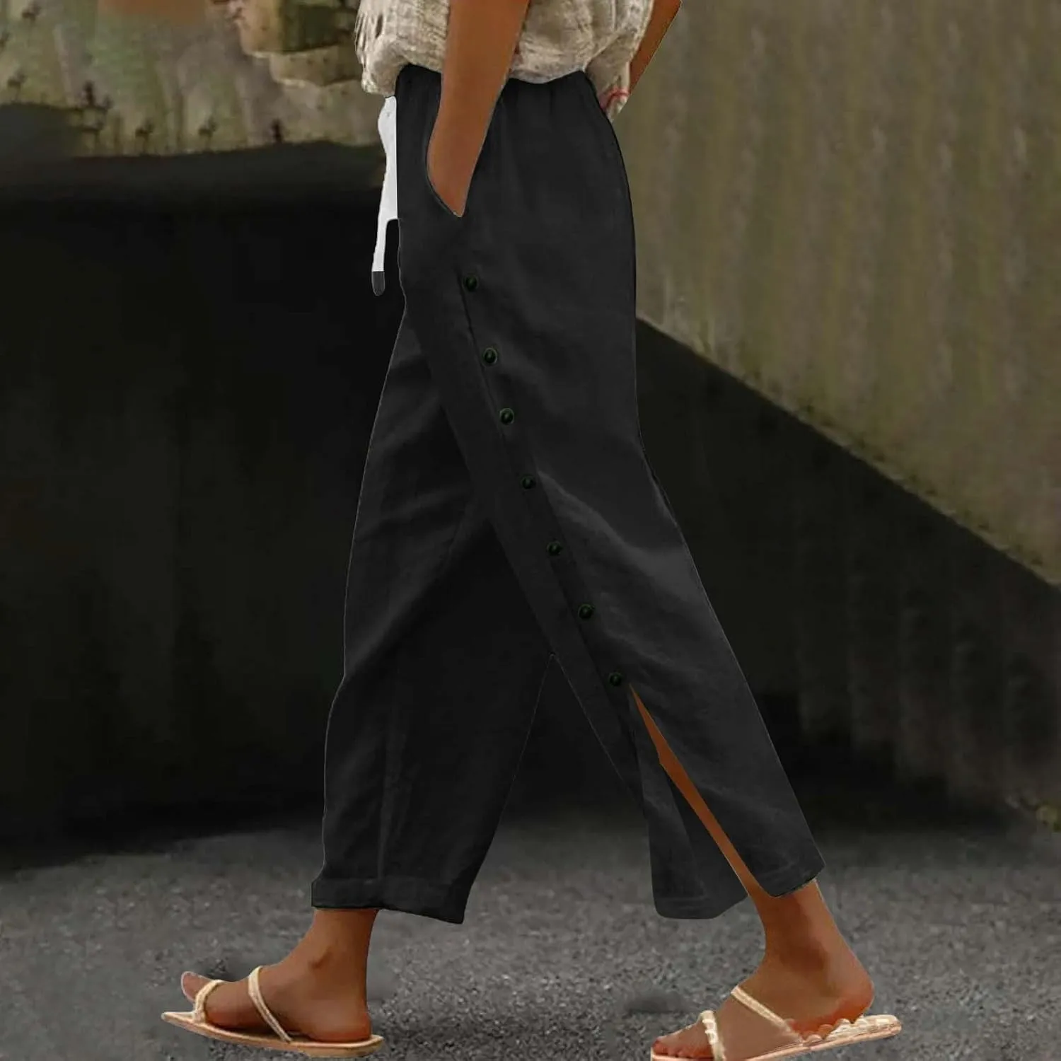Womens Cotton Linen Straight Trousers High-Waist Summer Split Leg Pants Loose Comfy Pant for Vacation