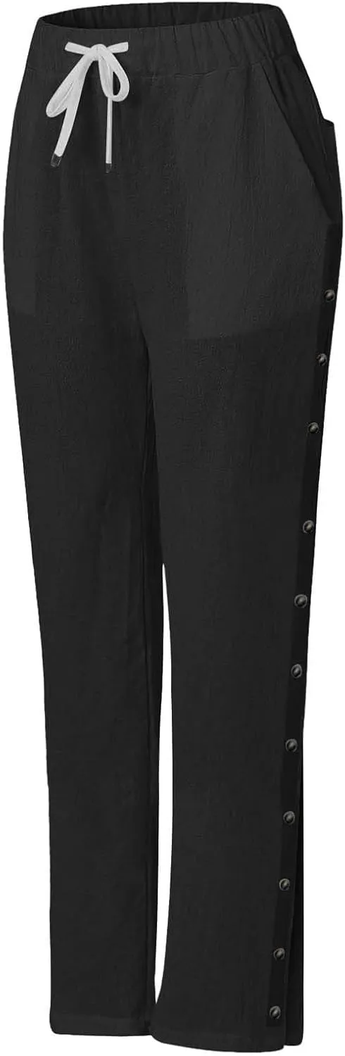 Womens Cotton Linen Straight Trousers High-Waist Summer Split Leg Pants Loose Comfy Pant for Vacation