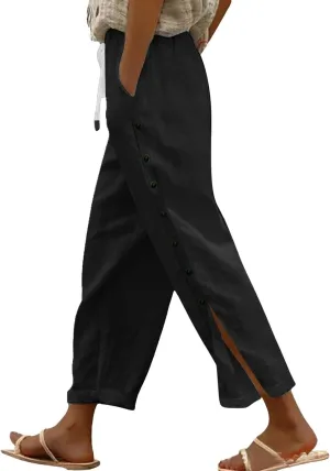 Womens Cotton Linen Straight Trousers High-Waist Summer Split Leg Pants Loose Comfy Pant for Vacation