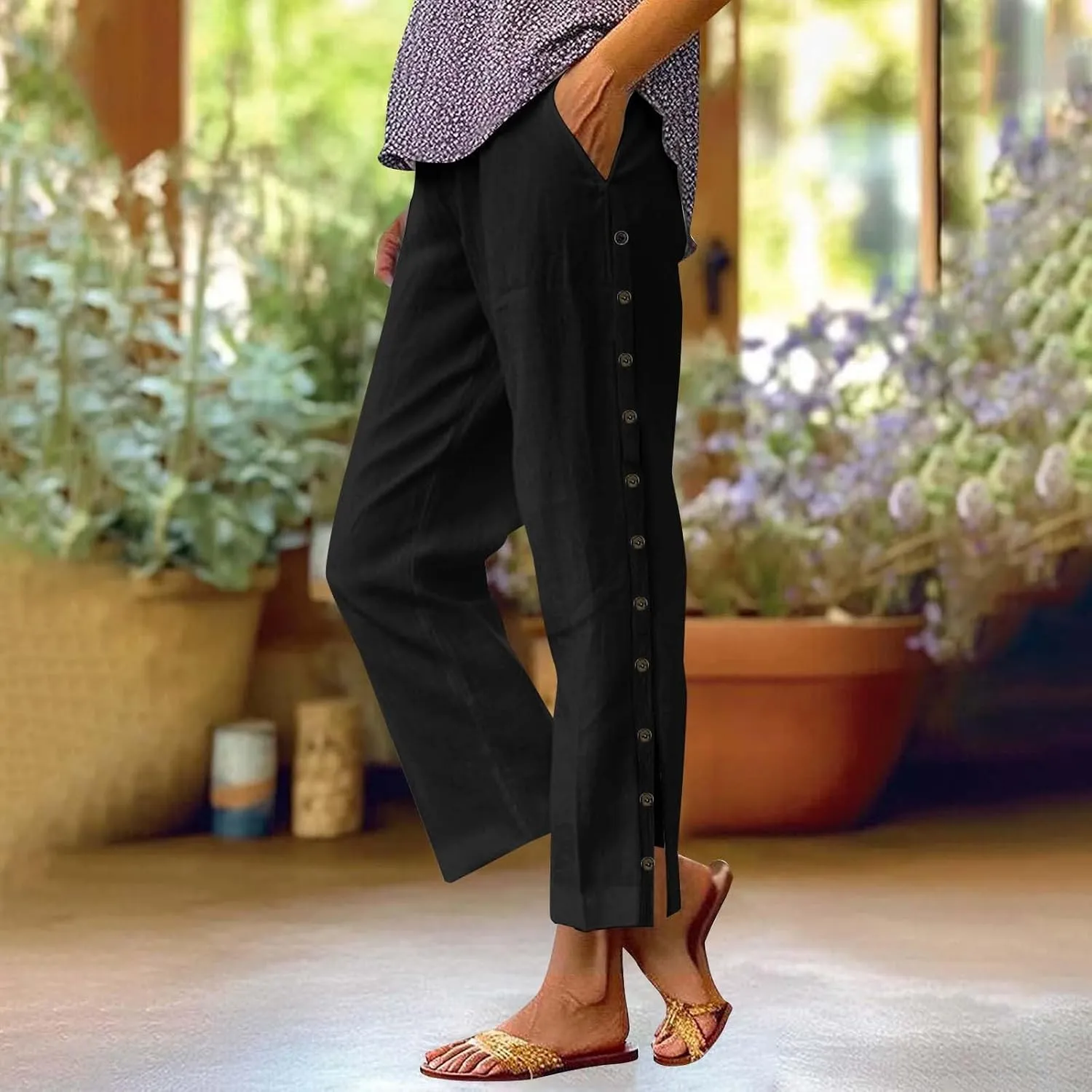 Womens Cotton Linen Straight Trousers High-Waist Summer Split Leg Pants Loose Comfy Pant for Vacation