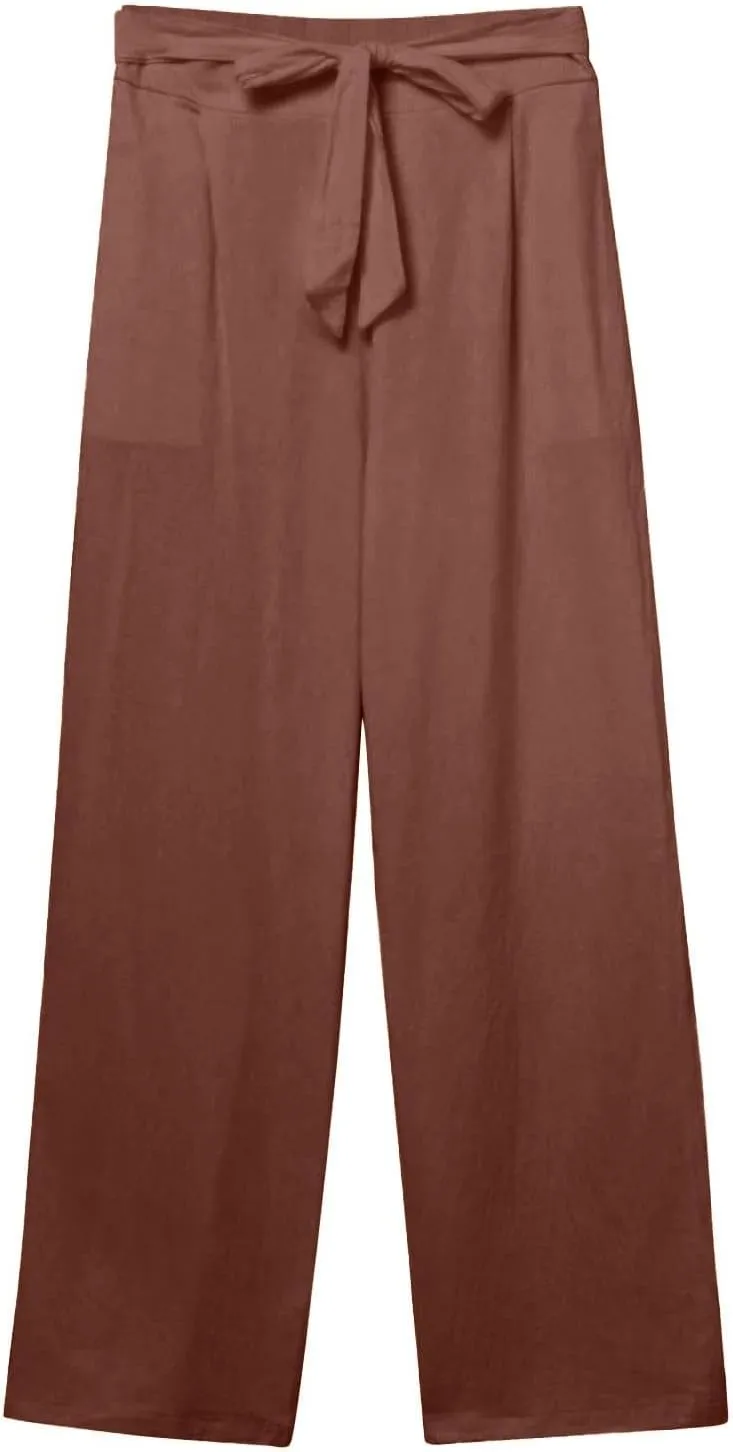 Womens Cotton Linen Vintage Belted Wide Leg Pants Casual Loose Elastic Drawstring Comfy Palazzo Trousers with Pockets