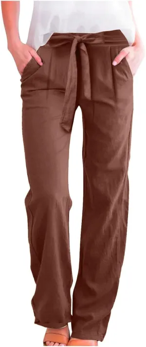 Womens Cotton Linen Vintage Belted Wide Leg Pants Casual Loose Elastic Drawstring Comfy Palazzo Trousers with Pockets