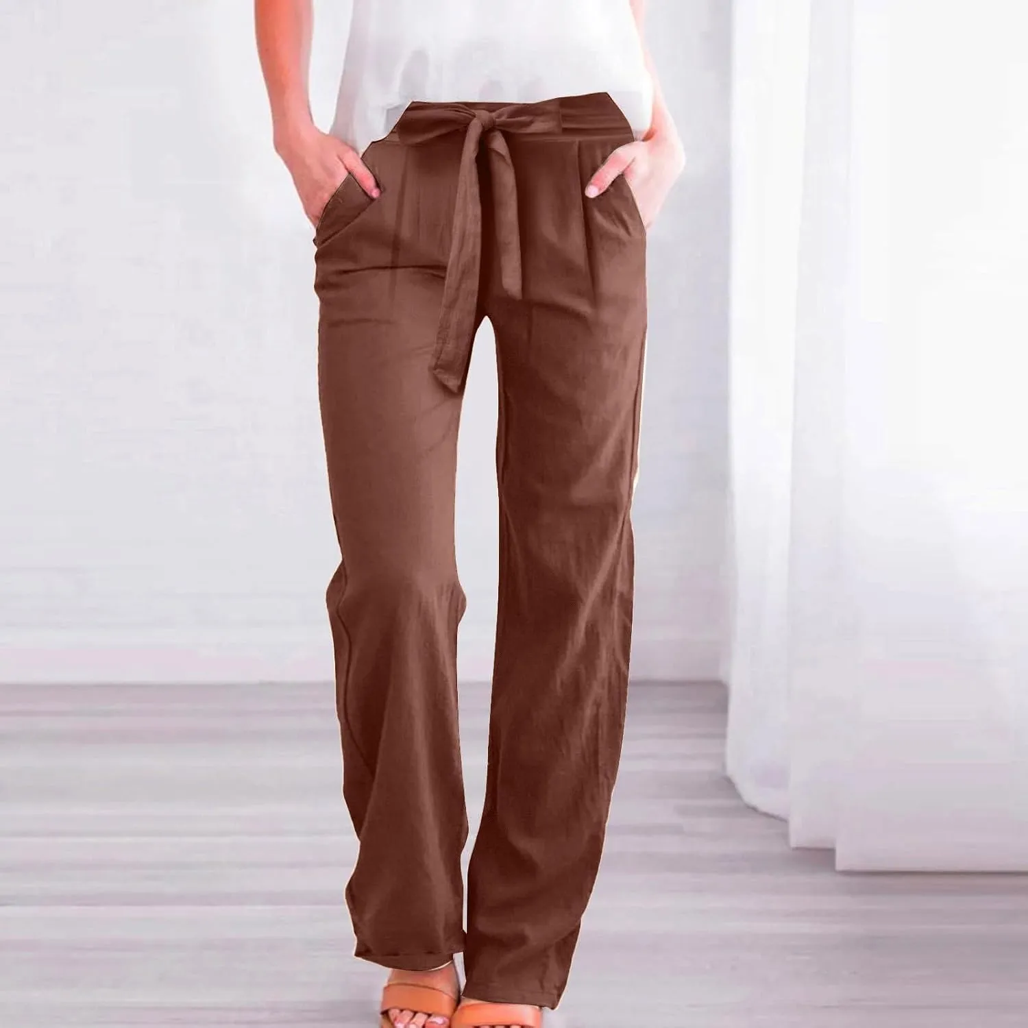 Womens Cotton Linen Vintage Belted Wide Leg Pants Casual Loose Elastic Drawstring Comfy Palazzo Trousers with Pockets