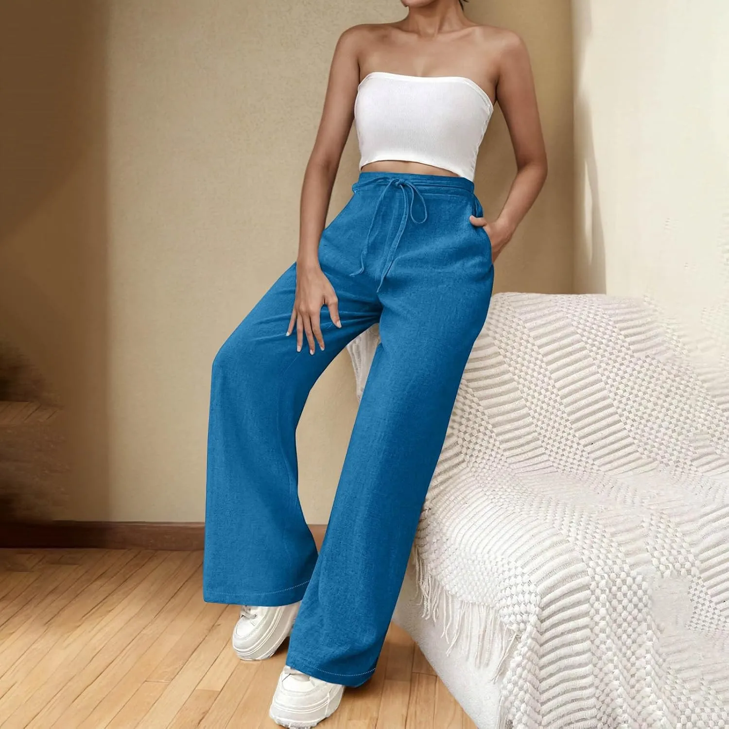 Womens Cotton Linen Wide Leg Pants Back Elastic Waist Flowy Pants with Side Pockets Casual Baggy Palazzo Trousers