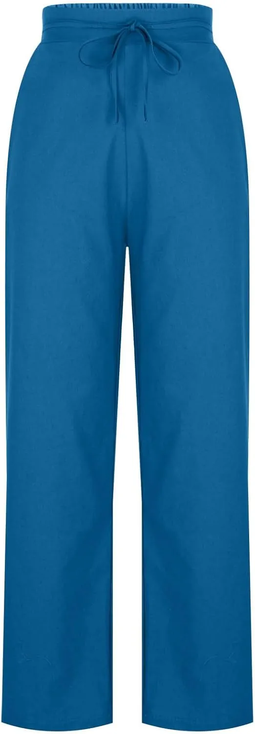 Womens Cotton Linen Wide Leg Pants Back Elastic Waist Flowy Pants with Side Pockets Casual Baggy Palazzo Trousers