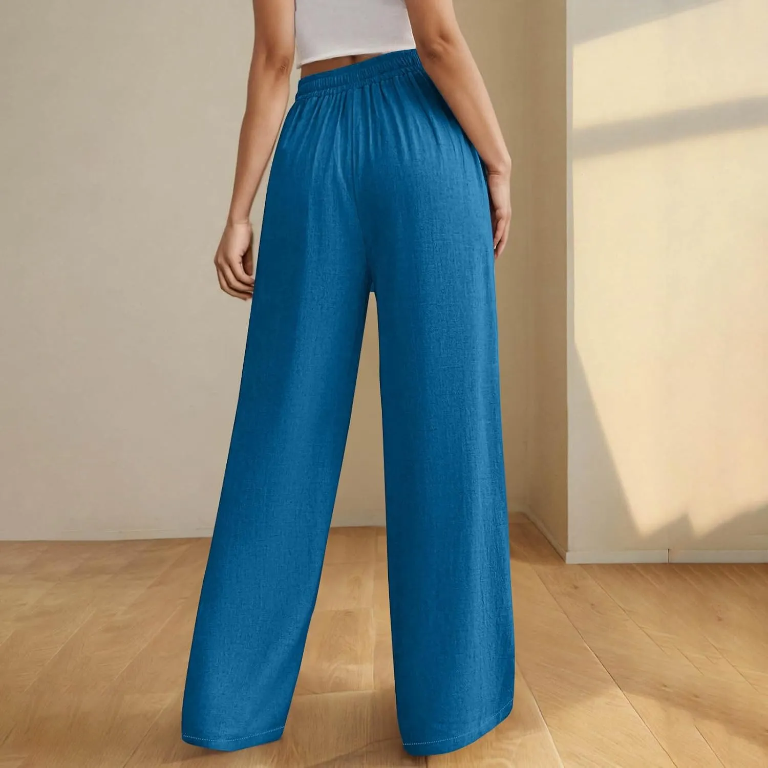 Womens Cotton Linen Wide Leg Pants Back Elastic Waist Flowy Pants with Side Pockets Casual Baggy Palazzo Trousers