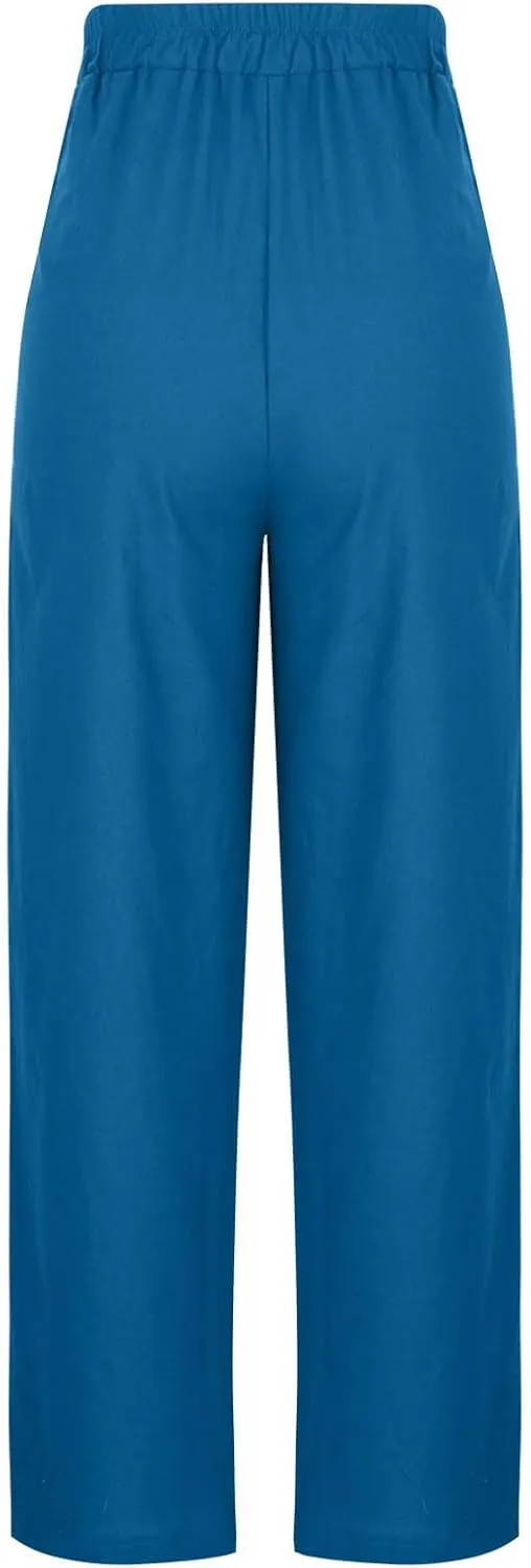 Womens Cotton Linen Wide Leg Pants Back Elastic Waist Flowy Pants with Side Pockets Casual Baggy Palazzo Trousers