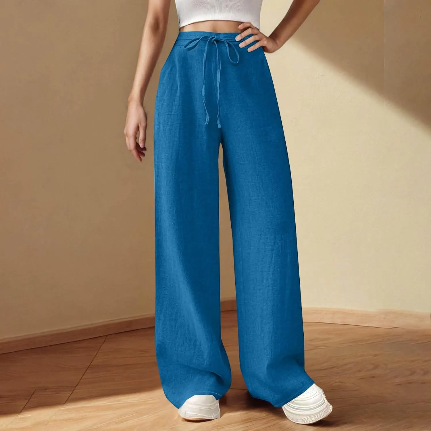 Womens Cotton Linen Wide Leg Pants Back Elastic Waist Flowy Pants with Side Pockets Casual Baggy Palazzo Trousers