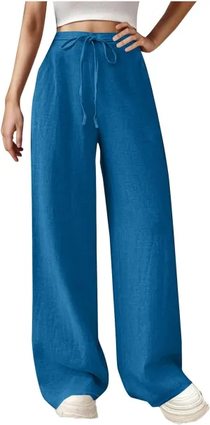 Womens Cotton Linen Wide Leg Pants Back Elastic Waist Flowy Pants with Side Pockets Casual Baggy Palazzo Trousers