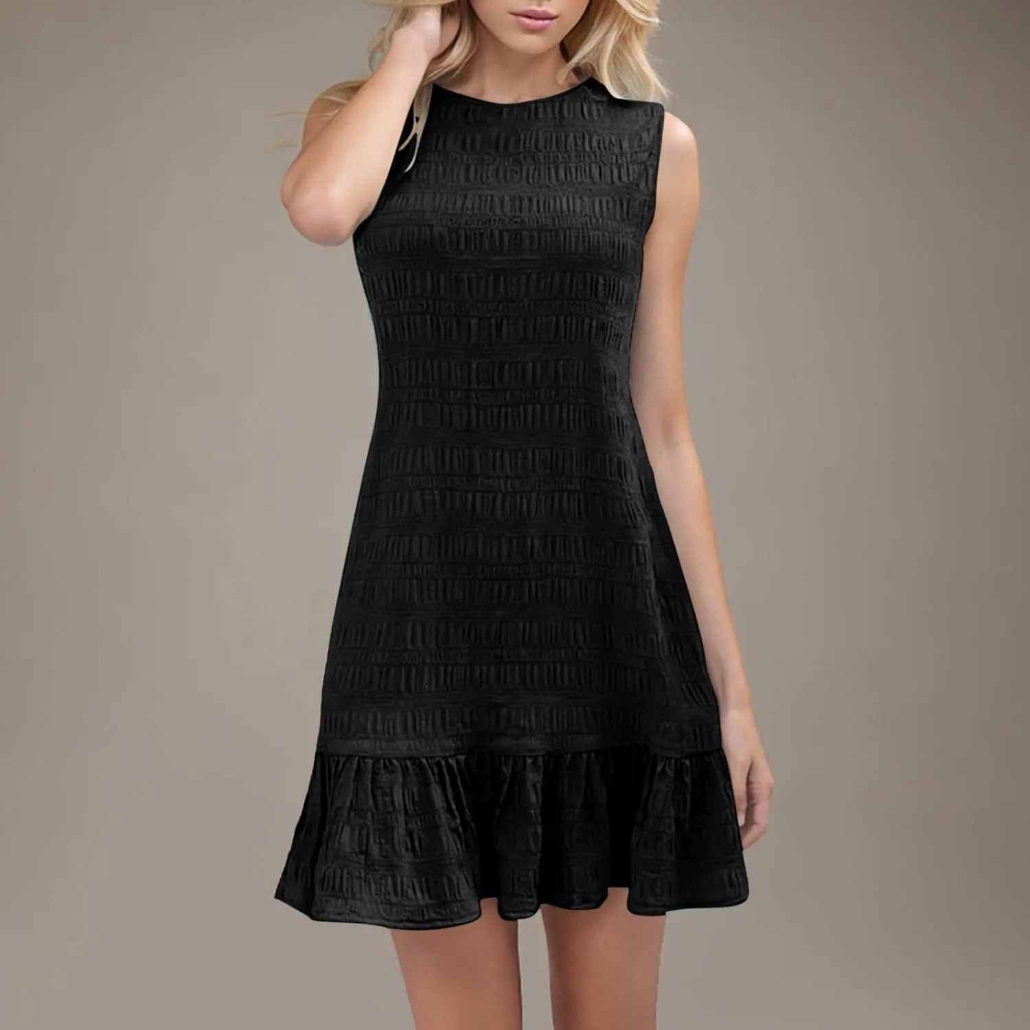Women's Crinkle Ruffle Hem Tank Dress Round Neck Sleeveless Casual Smocked Dresses Summer Mini Sundress