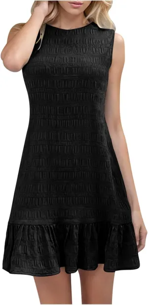 Women's Crinkle Ruffle Hem Tank Dress Round Neck Sleeveless Casual Smocked Dresses Summer Mini Sundress
