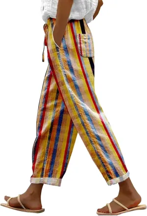 Women's Cropped Linen Capris with Pockets, Adjustable Waist Wide-Leg Trousers Beach Vacations Casual Outdoor