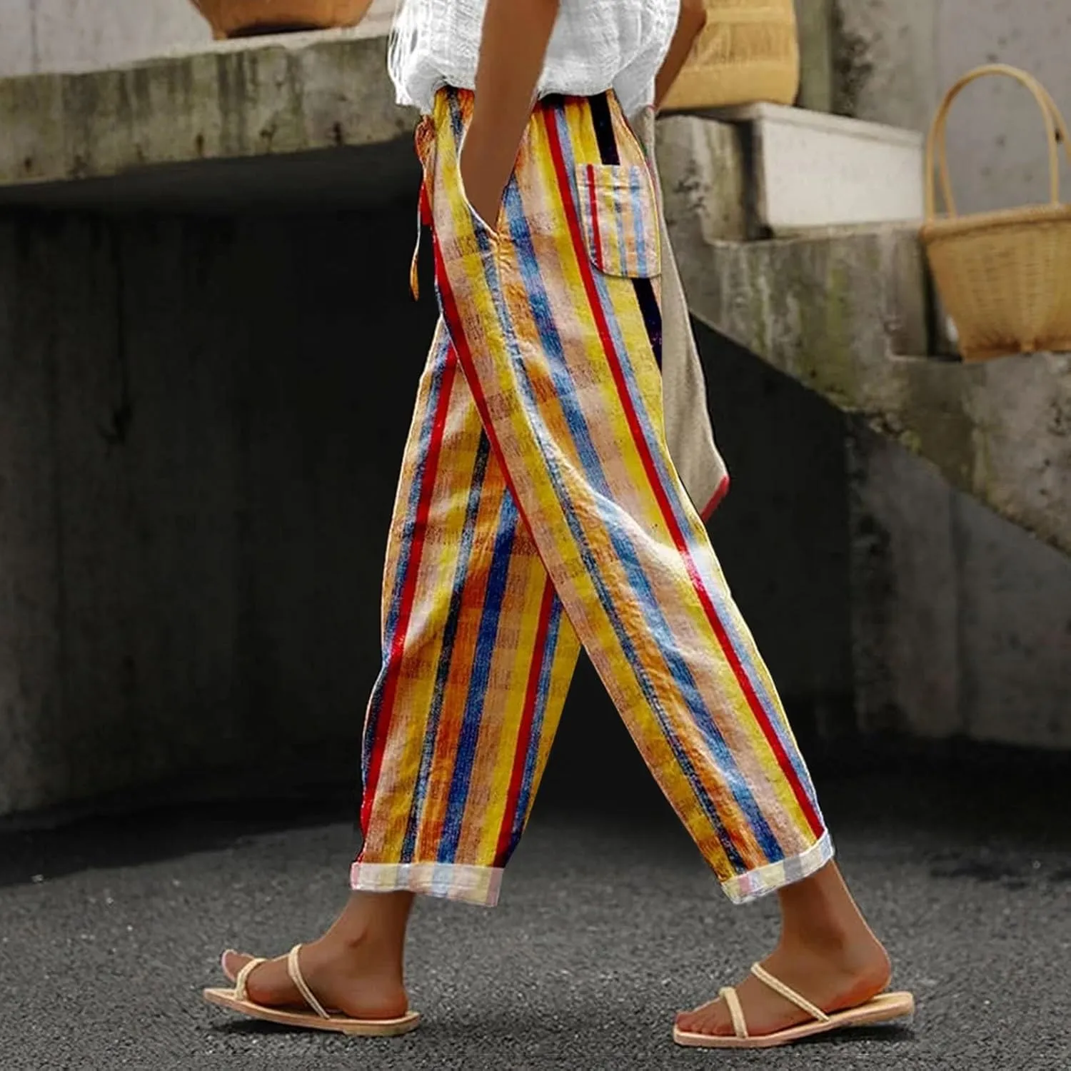 Women's Cropped Linen Capris with Pockets, Adjustable Waist Wide-Leg Trousers Beach Vacations Casual Outdoor
