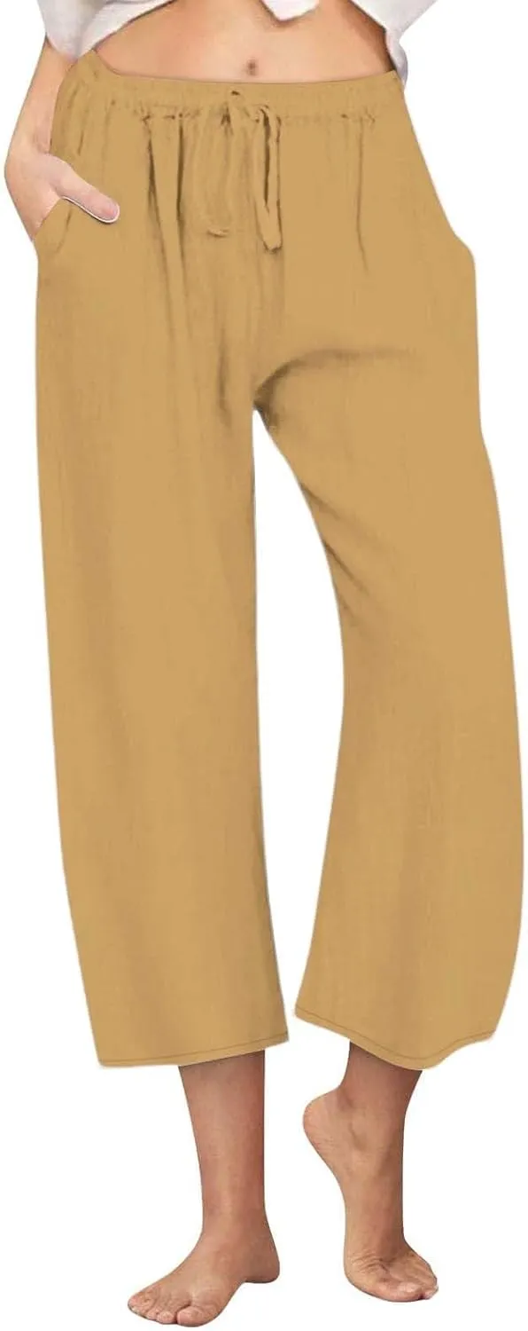 Womens Fashion Cotton Linen Pants Wide Leg Palazzo Causal Flowy Summer Trousers Beach Vacation Clothes Outfits