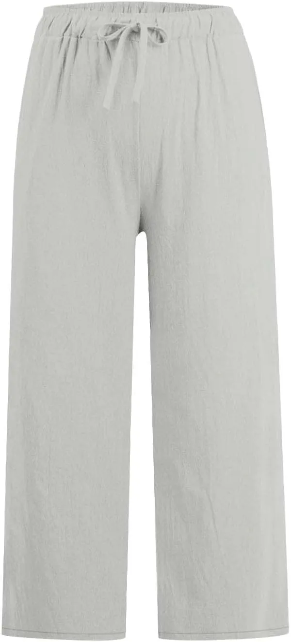Womens Fashion Cotton Linen Pants Wide Leg Palazzo Causal Flowy Summer Trousers Beach Vacation Clothes Outfits