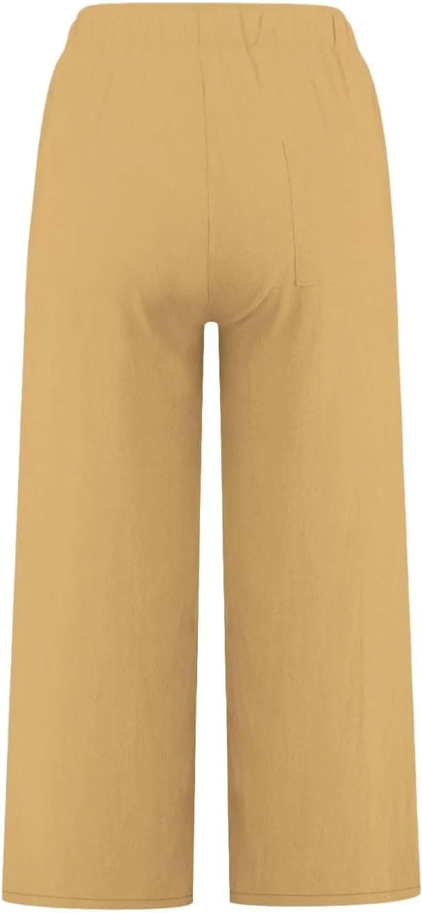 Womens Fashion Cotton Linen Pants Wide Leg Palazzo Causal Flowy Summer Trousers Beach Vacation Clothes Outfits