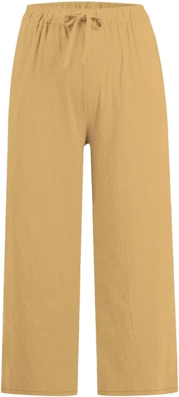 Womens Fashion Cotton Linen Pants Wide Leg Palazzo Causal Flowy Summer Trousers Beach Vacation Clothes Outfits