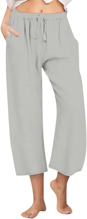 Womens Fashion Cotton Linen Pants Wide Leg Palazzo Causal Flowy Summer Trousers Beach Vacation Clothes Outfits