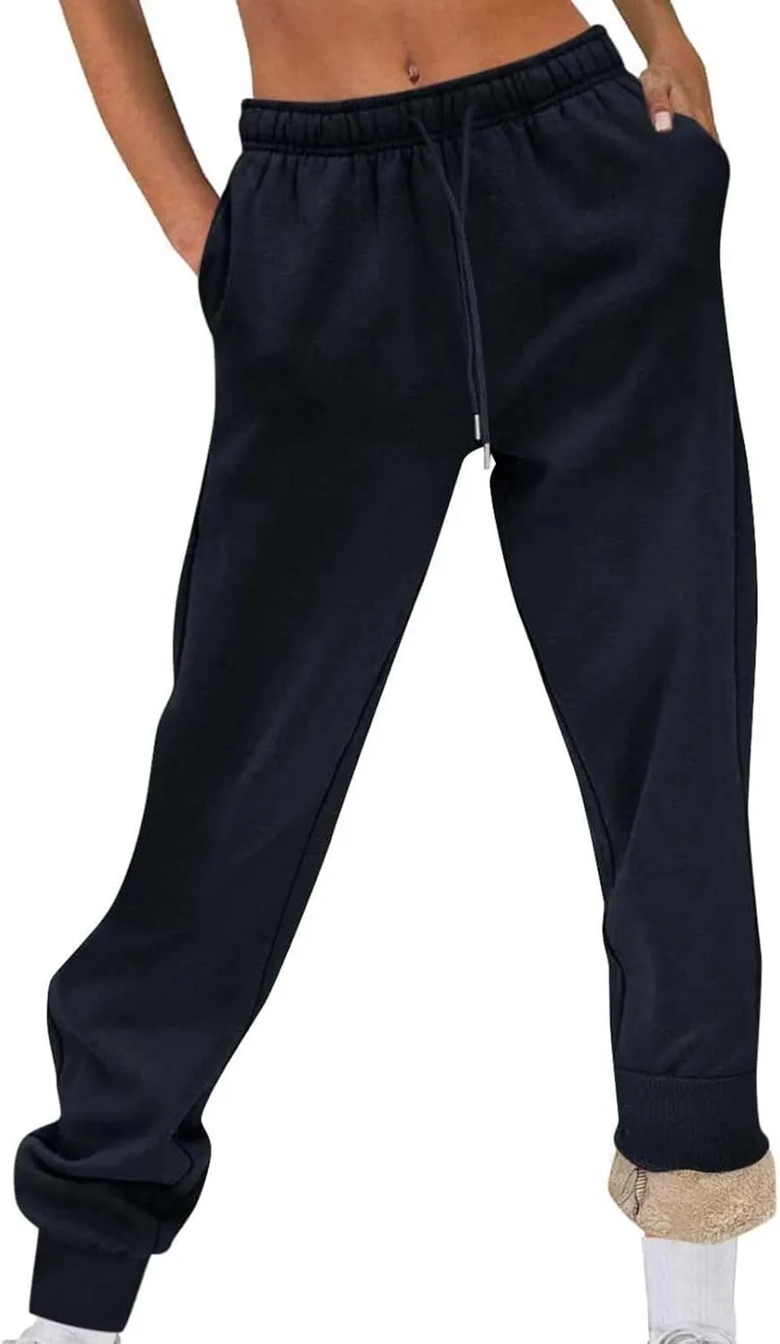 Womens Fleece Sweatpants Elastic High Waist Joggers Pants Active Running Pants Drawstring Baggy Lounge Trousers