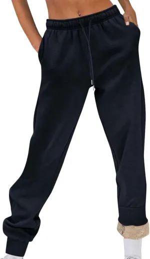 Womens Fleece Sweatpants Elastic High Waist Joggers Pants Active Running Pants Drawstring Baggy Lounge Trousers