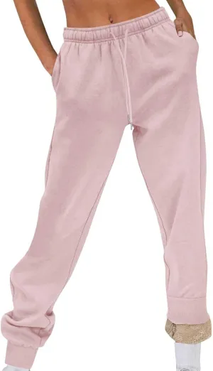 Womens Fleece Sweatpants Elastic High Waist Joggers Pants Active Running Pants Drawstring Baggy Lounge Trousers