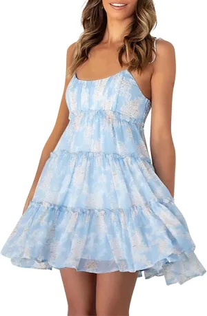 Womens Floral Mini Dress Boho Summer Spaghetti Strap Skater Dresses Sexy Sleeveless Ruffle Flowy Swing Tiered Dress