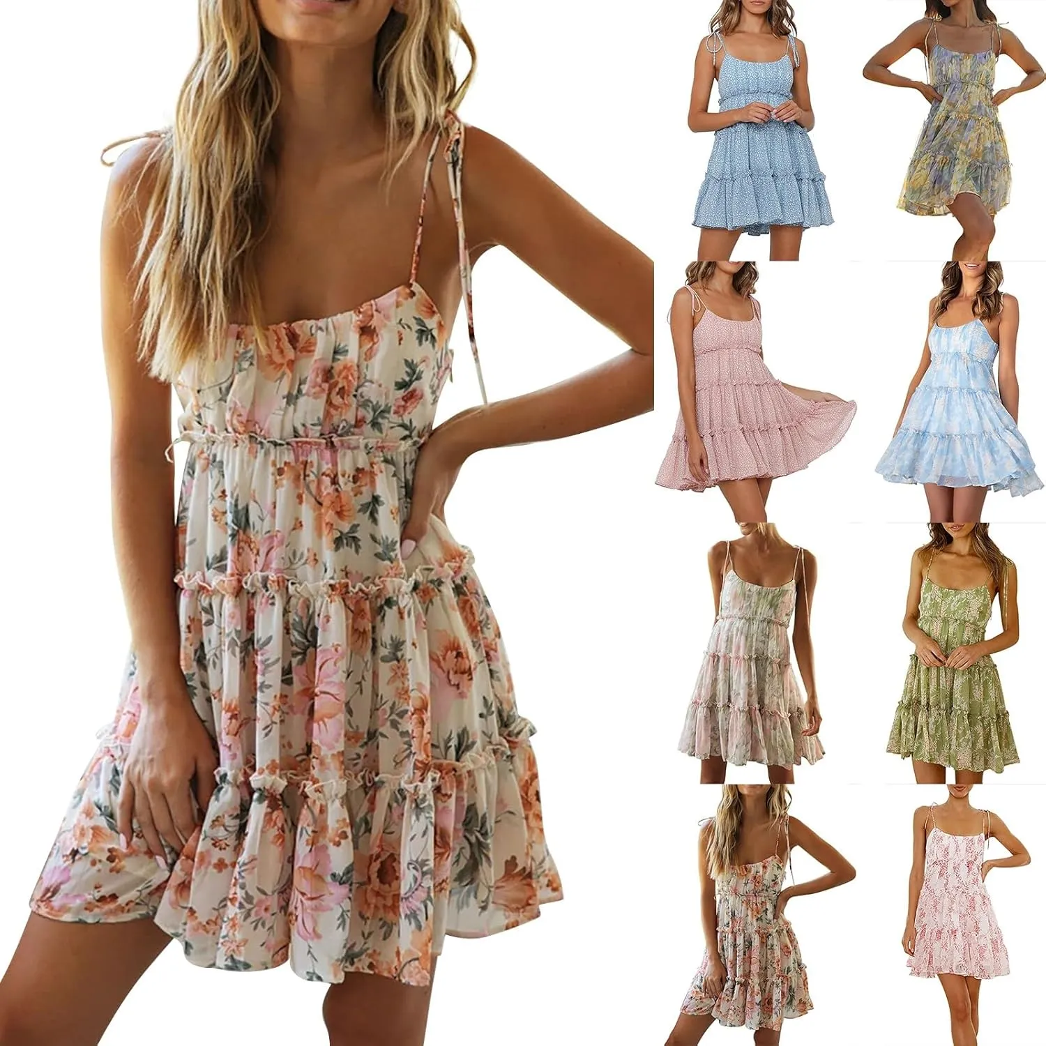 Womens Floral Mini Dress Boho Summer Spaghetti Strap Skater Dresses Sexy Sleeveless Ruffle Flowy Swing Tiered Dress