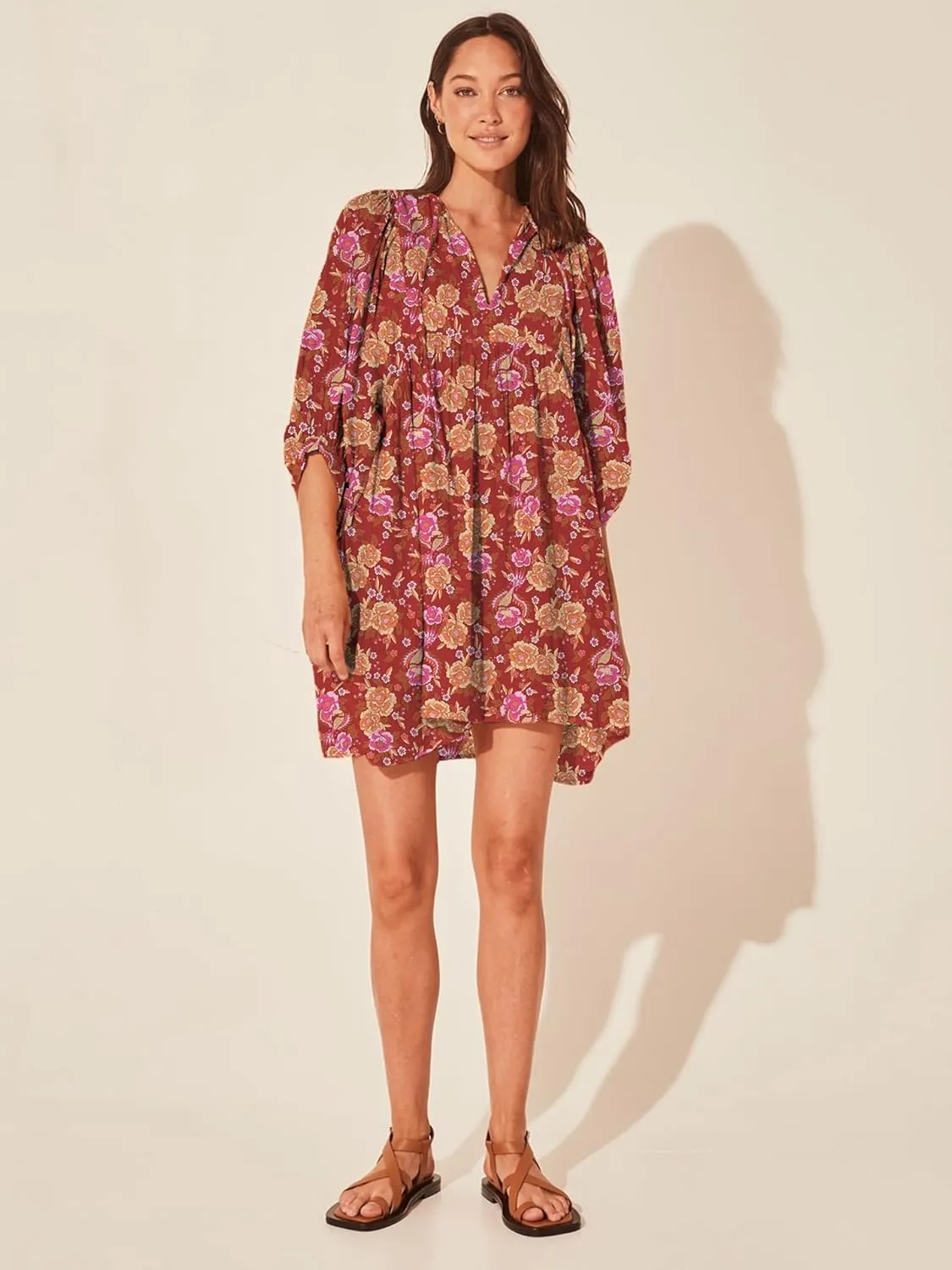 Womens Flowy Beach Dress 2025 Summer Dresses Puff Sleeve Floral Mini Dress Swing Pleated Bohemian Sundress