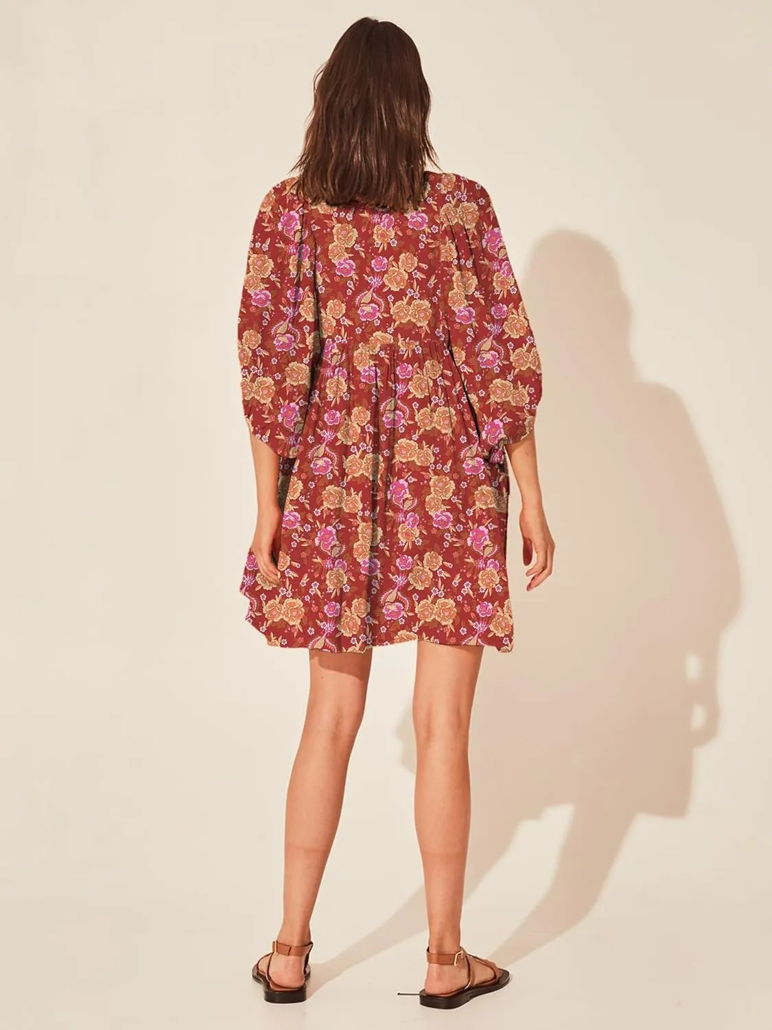 Womens Flowy Beach Dress 2025 Summer Dresses Puff Sleeve Floral Mini Dress Swing Pleated Bohemian Sundress