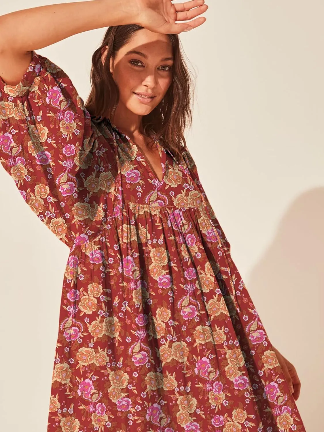 Womens Flowy Beach Dress 2025 Summer Dresses Puff Sleeve Floral Mini Dress Swing Pleated Bohemian Sundress