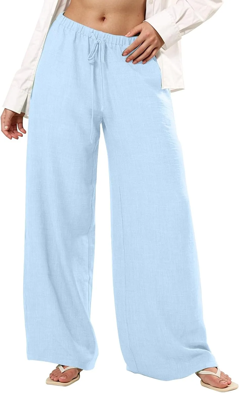 Women's Flowy Wide Leg Linen Pants Casual Beach Pants Elastic Waisted Drawstring Palazzo Trousers with Pockets